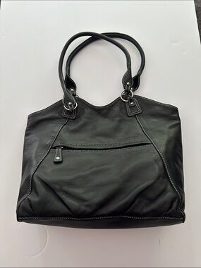 Black Leather Shoulder Bag/Purse with silver hardware by Levenger